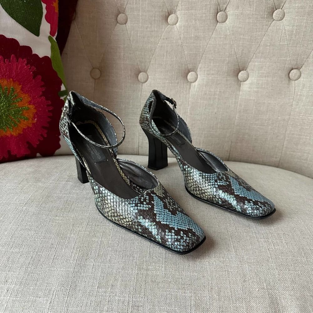 Snake-Print Ankle-Strap Heels in Teal and Brown